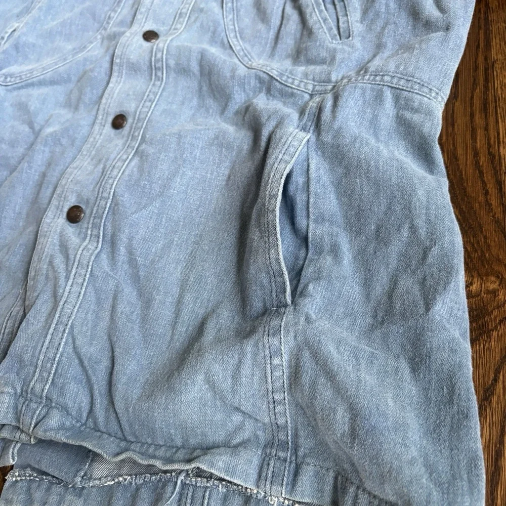 Vtg 70s Denim Safari Jacket Hong Kong Dagger Collar Epaulettes Workwear Coat 42
